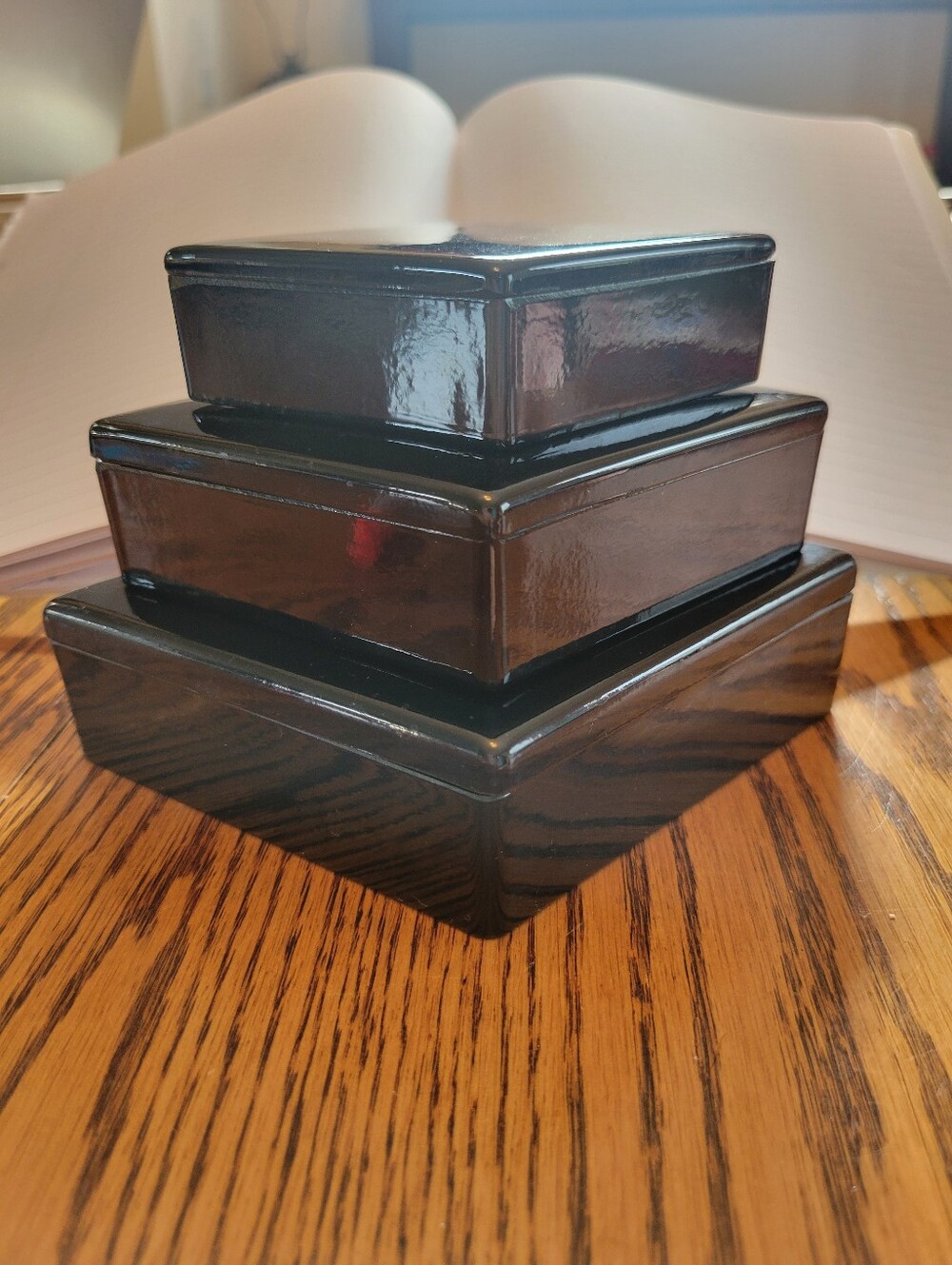 Access Black Lacquer Trinket Box Trio ~ Glossy! ~ MCM Look ~ 1980s - 1990s